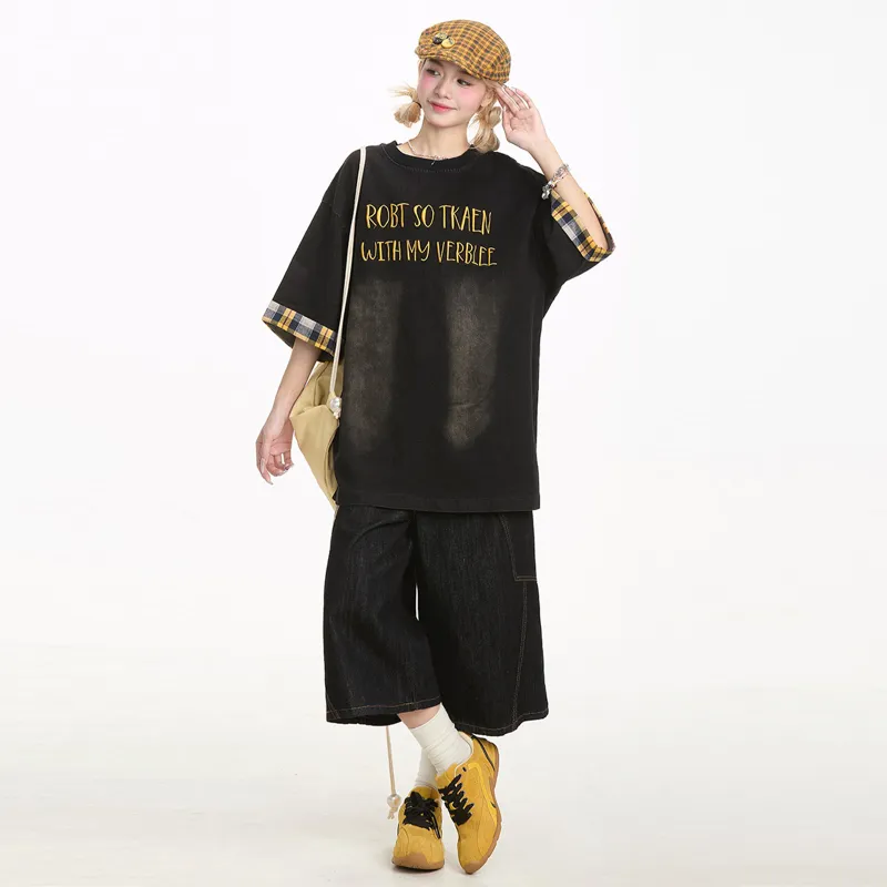NEVER RULE Denim Shorts Unisex Black Plaid-1