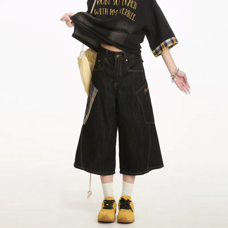 NEVER RULE Denim Shorts Unisex Black Plaid-2