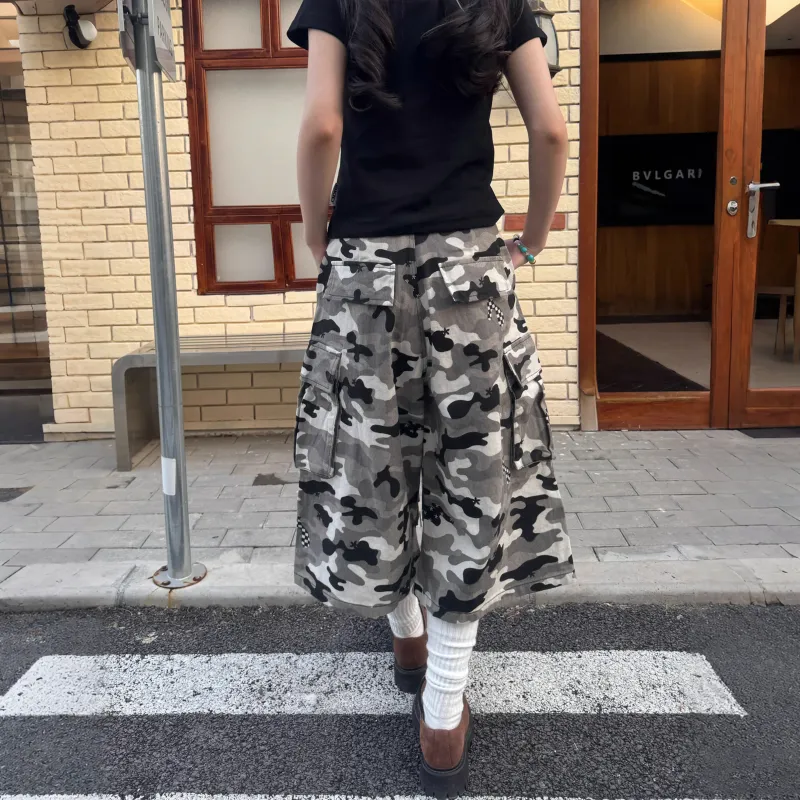 NEVER RULE Denim Shorts Unisex Camouflage Gray-4