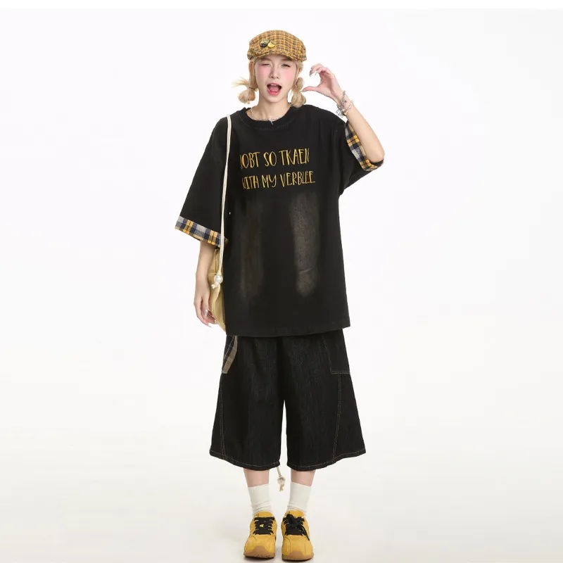 NEVER RULE Denim Shorts Unisex Black Plaid-4