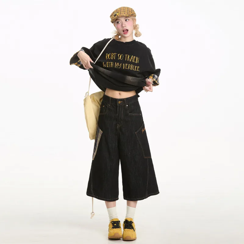 NEVER RULE Denim Shorts Unisex Black Plaid-5