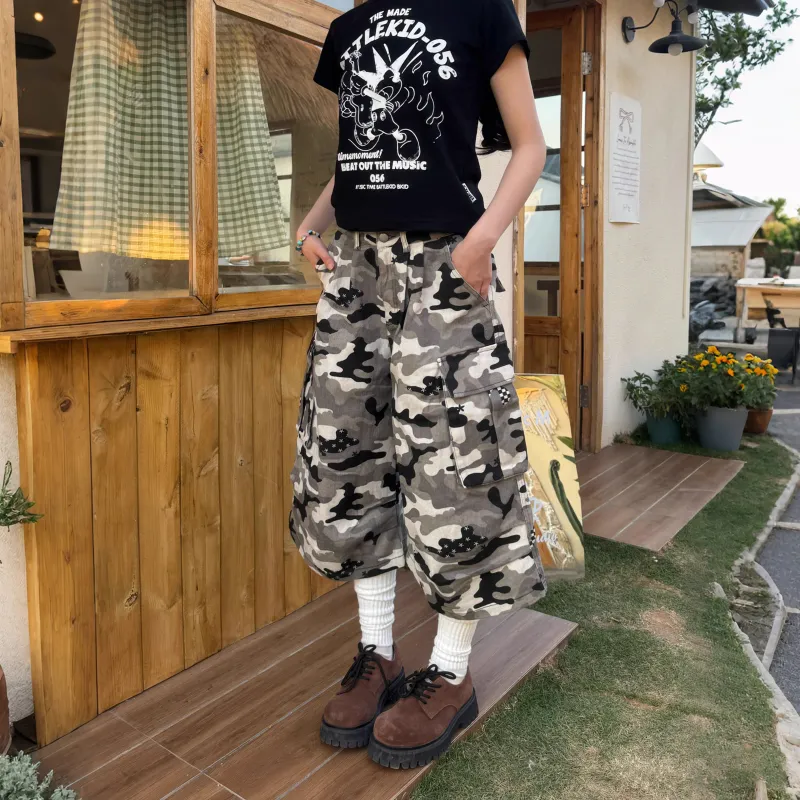 NEVER RULE Denim Shorts Unisex Camouflage Gray-2