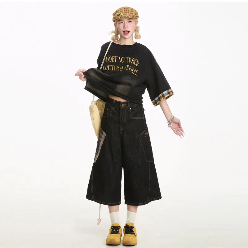 NEVER RULE Denim Shorts Unisex Black Plaid-6