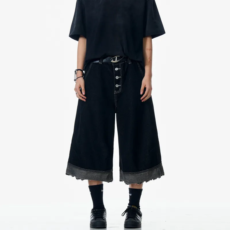 NEVER RULE Denim Shorts Unisex Texture Black-2