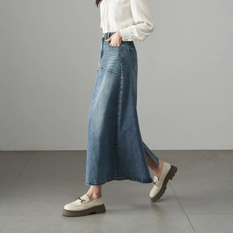YALIDA Denim Long Skirts Women's Blue-3