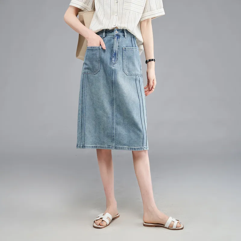 YALIDA Denim Long Skirts Women's Blue-3