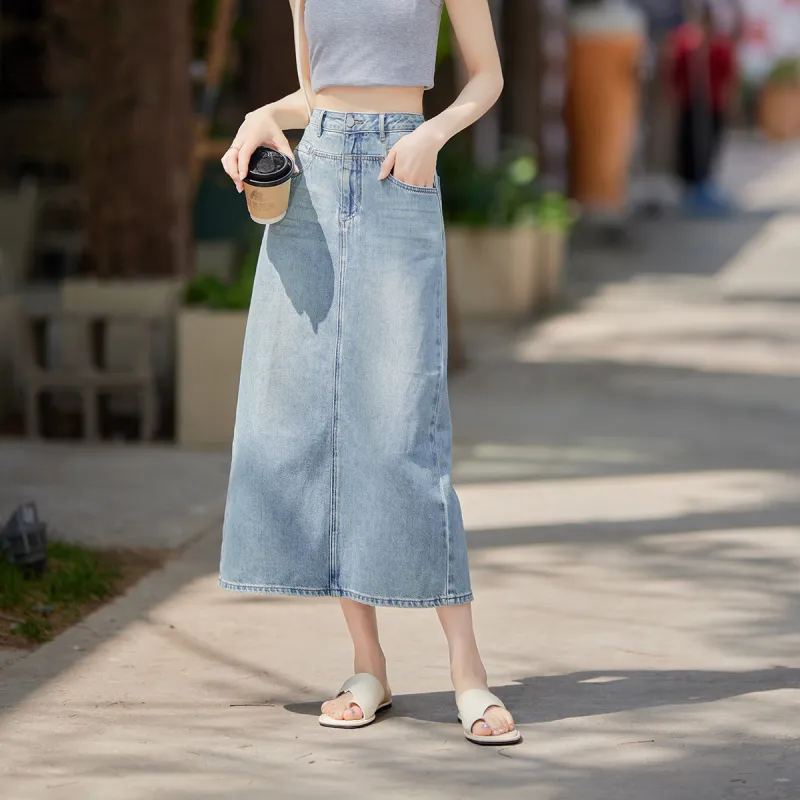 YALIDA Denim Long Skirts Women's Blue-2