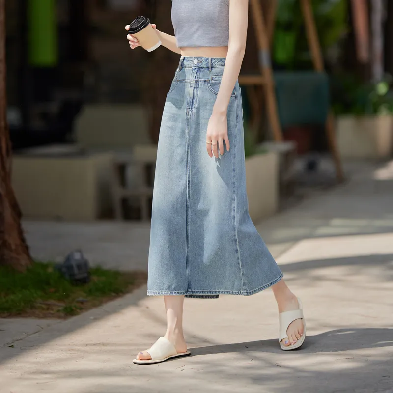 YALIDA Denim Long Skirts Women's Blue-4