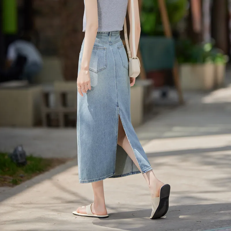 YALIDA Denim Long Skirts Women's Blue-5