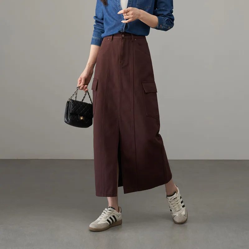 YALIDA Denim Long Skirts Women's Coffee-3