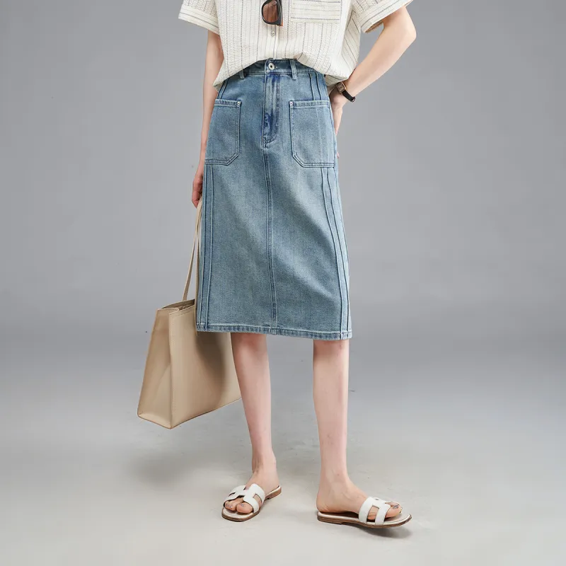 YALIDA Denim Long Skirts Women's Blue-2