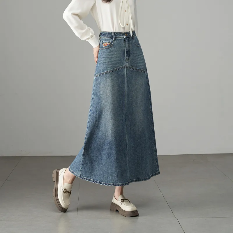 YALIDA Denim Long Skirts Women's Blue-4