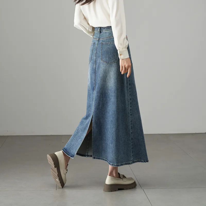 YALIDA Denim Long Skirts Women's Blue-5
