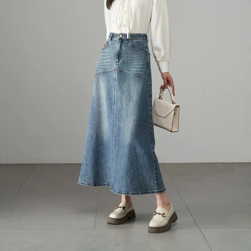YALIDA Denim Long Skirts Women's Blue-2