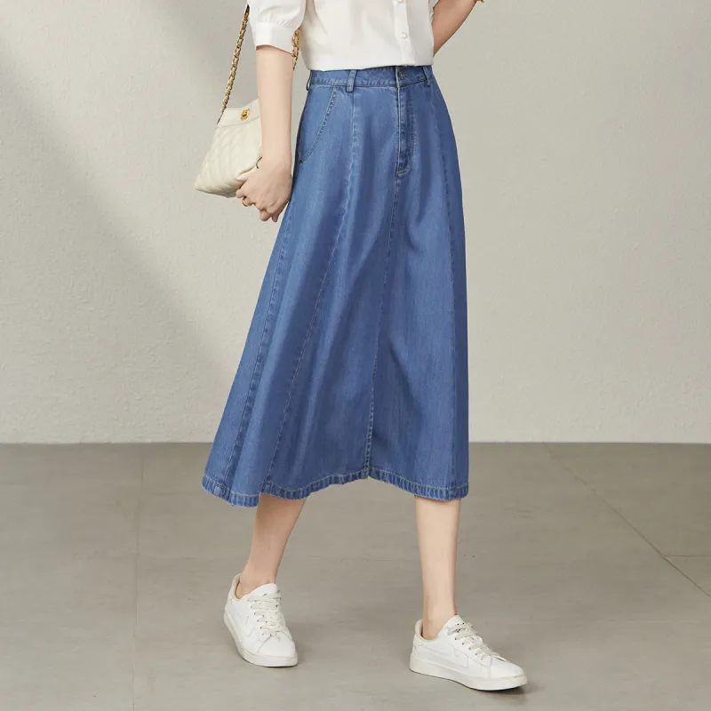 YALIDA Denim Long Skirt Women's Blue-5