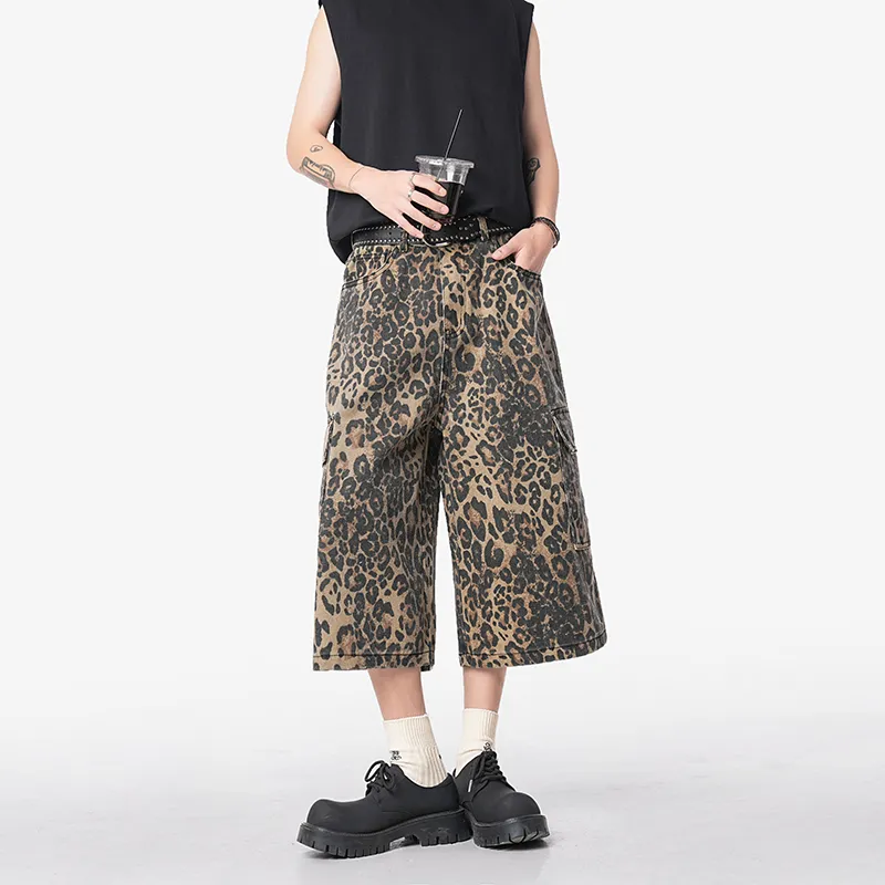 K411 Denim Shorts Unisex Leopard Print-1