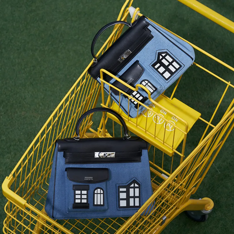 HXXXXS Cow Leather Parody Collection One Shoulder Handbag Tubas Unisex Denim Blue-6