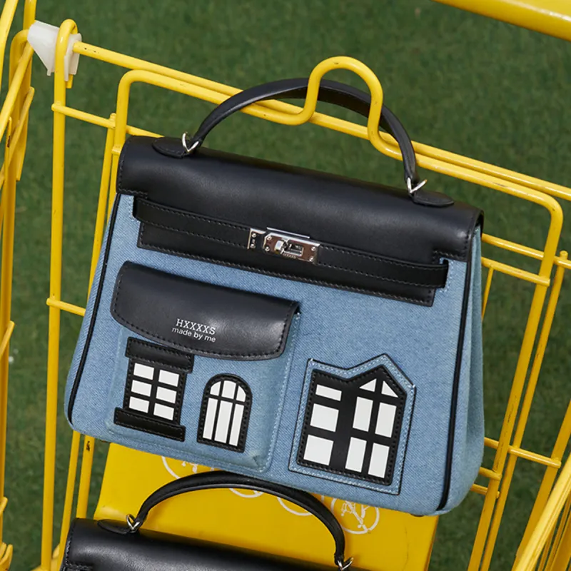 HXXXXS Cow Leather Parody Collection One Shoulder Handbag Tubas Unisex Denim Blue-4