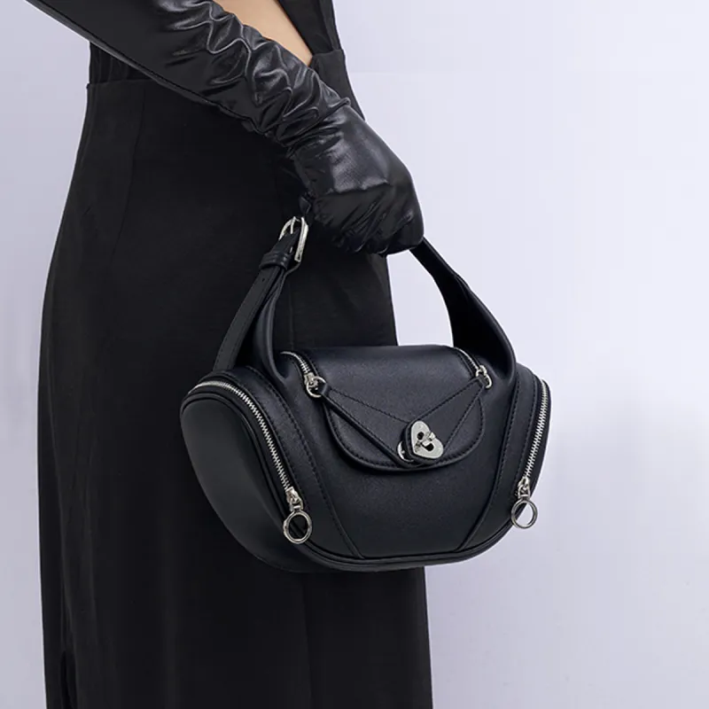 HXXXXS Top Grain Cow Leather Handbag Women's Black/Cookie/Floral Pink-4