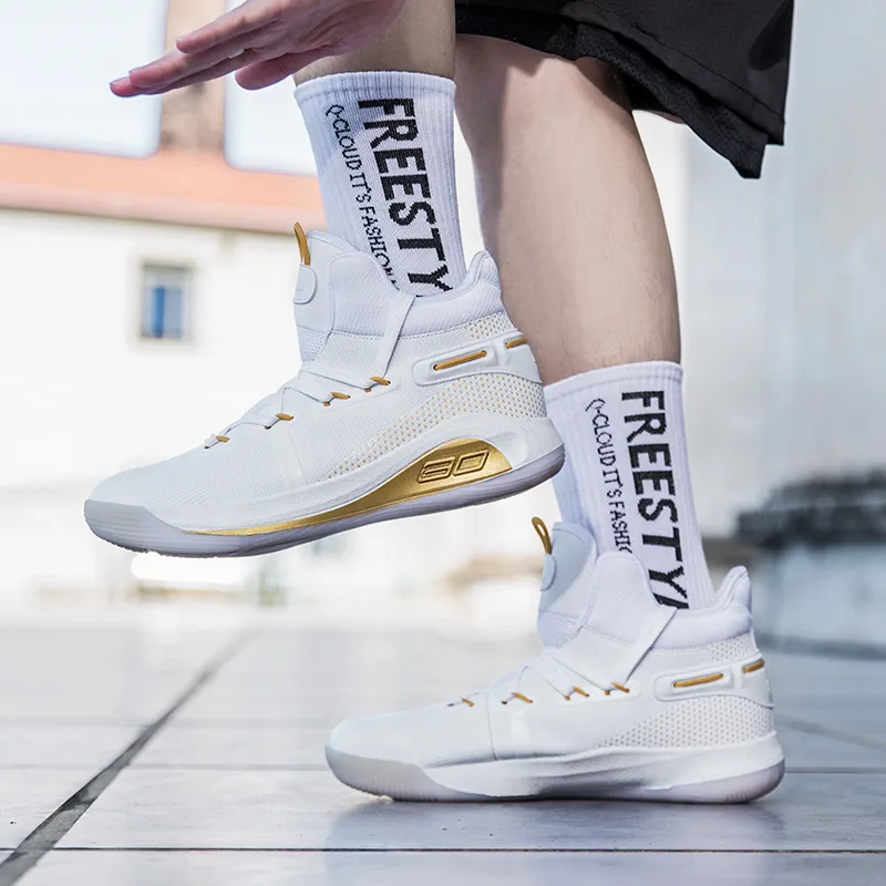DD&OO Wear-Resistant Breathable Height Increasing High-Top Basketball Shoes Unisex White Gold-3