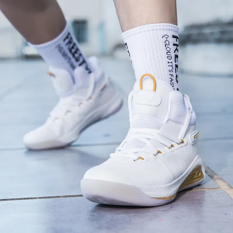 DD&OO Wear-Resistant Breathable Height Increasing High-Top Basketball Shoes Unisex White Gold-2