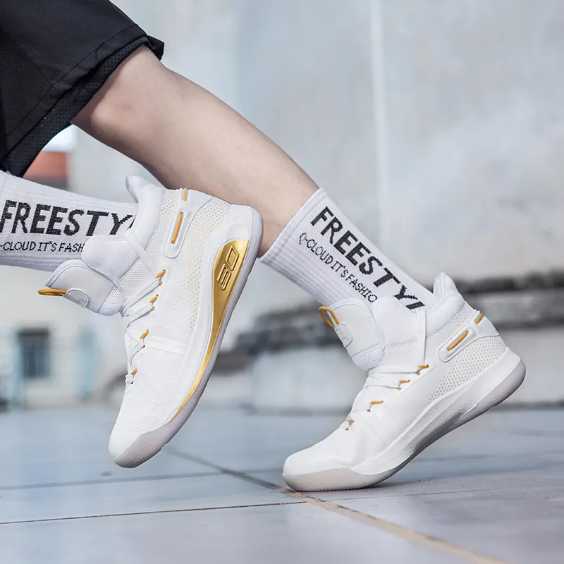 DD&OO Wear-Resistant Breathable Height Increasing High-Top Basketball Shoes Unisex White Gold-1