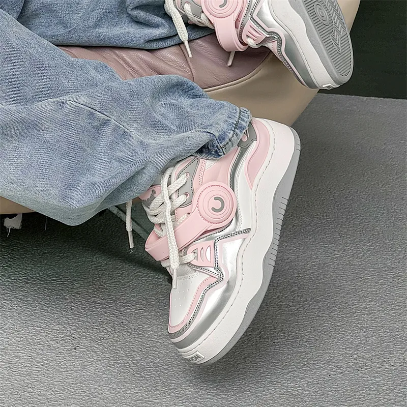 OUBT Hip Hop Couple Trendy Shoes Low Top Skateboard Shoes Unisex White Pink-3