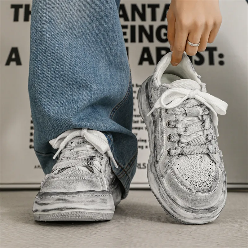 OUBT Niche Distressed Shoes Breathable And Slip Resistant Low Top Skateboard Shoes Men's White Gray-5