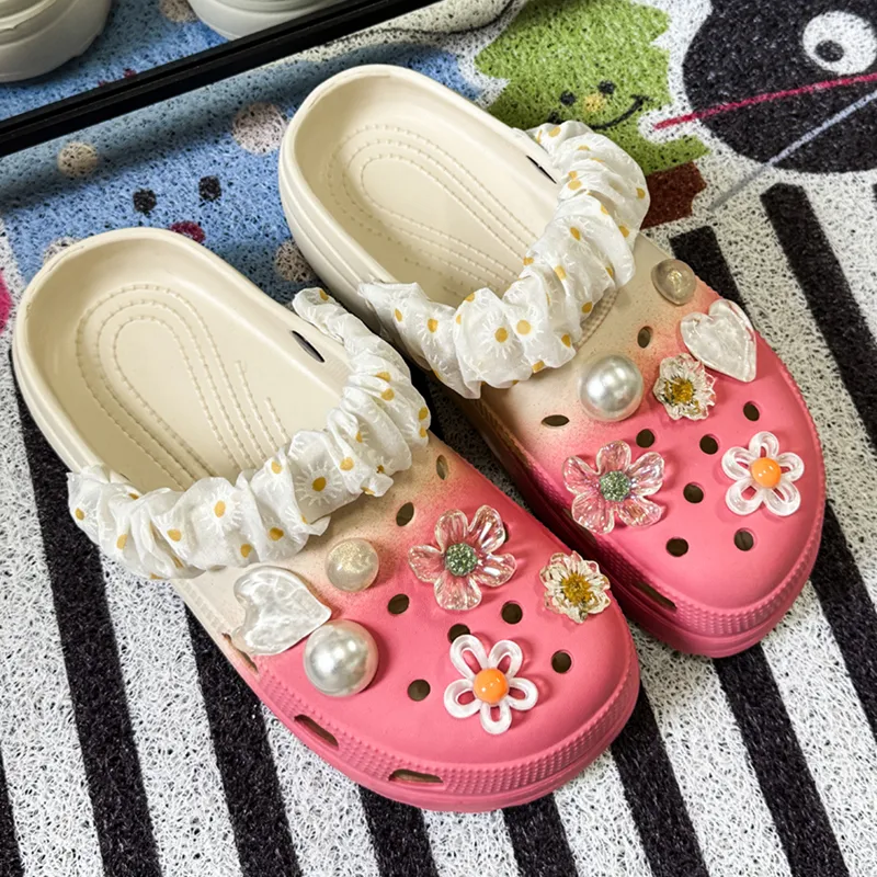 OUBT Pearl Crystal Floral, Laced Fabric Wrapped Clogs Women's Gradient Rose Red-5