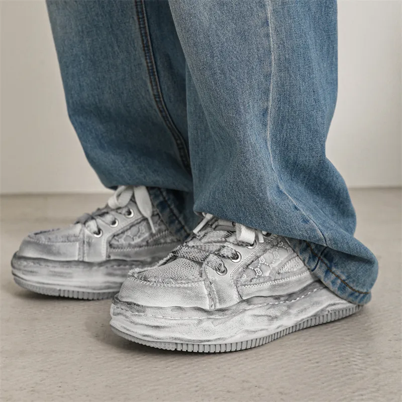 OUBT Niche Distressed Shoes Breathable And Slip Resistant Low Top Skateboard Shoes Men's White Gray-7