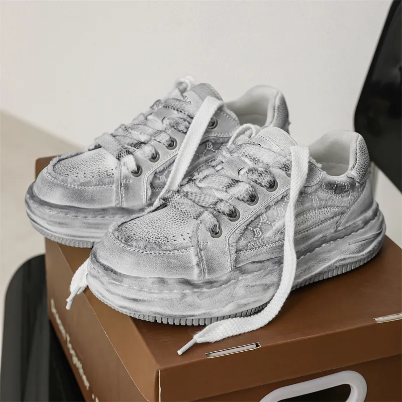 OUBT Niche Distressed Shoes Breathable And Slip Resistant Low Top Skateboard Shoes Men's White Gray-4