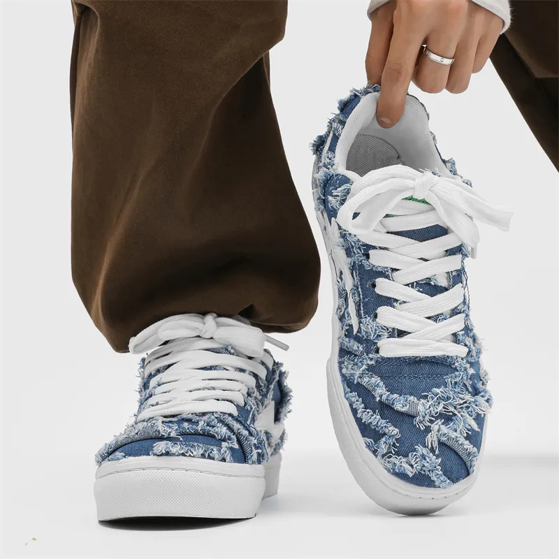 OUBT Lightning Design, Denim Frayed Edge Breathable And Slip Resistant Low Top Skateboard Shoes Unisex-5