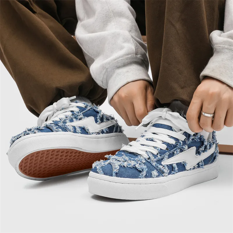 OUBT Lightning Design, Denim Frayed Edge Breathable And Slip Resistant Low Top Skateboard Shoes Unisex-6