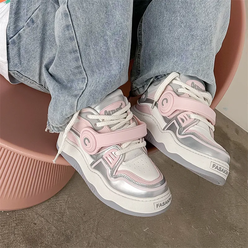 OUBT Hip Hop Couple Trendy Shoes Low Top Skateboard Shoes Unisex White Pink-4