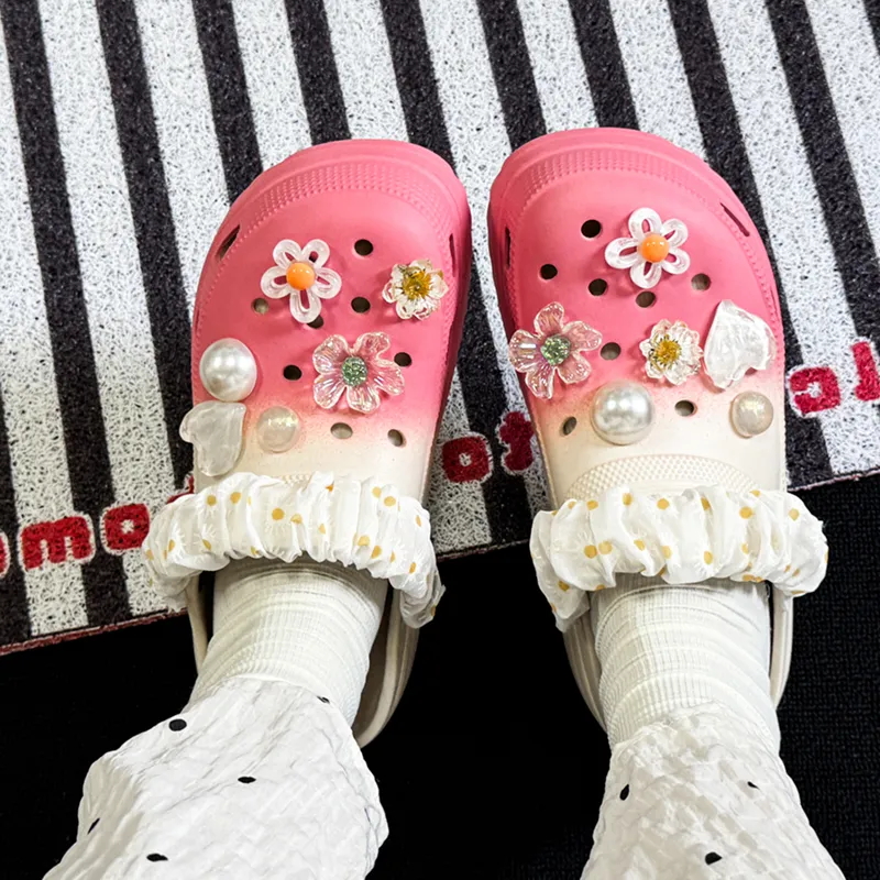 OUBT Pearl Crystal Floral, Laced Fabric Wrapped Clogs Women's Gradient Rose Red-6