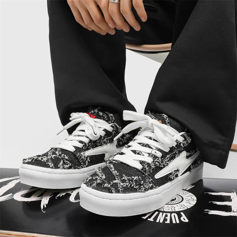 OUBT Lightning Design, Denim Frayed Edge Breathable And Slip Resistant Low Top Skateboard Shoes Unisex-13