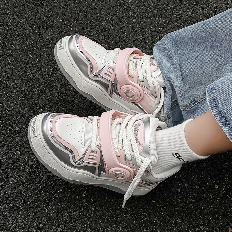 OUBT Hip Hop Couple Trendy Shoes Low Top Skateboard Shoes Unisex White Pink-5