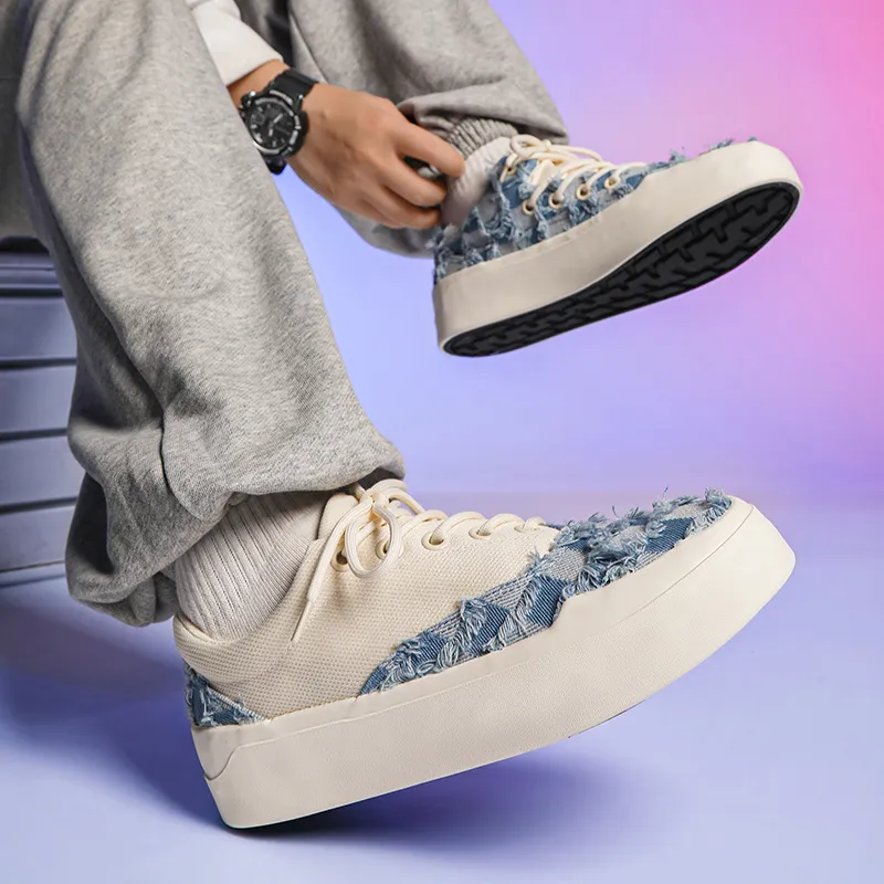 OUBT Niche Frayed Edge Irregular Low Top Canvas Shoes Unisex-4