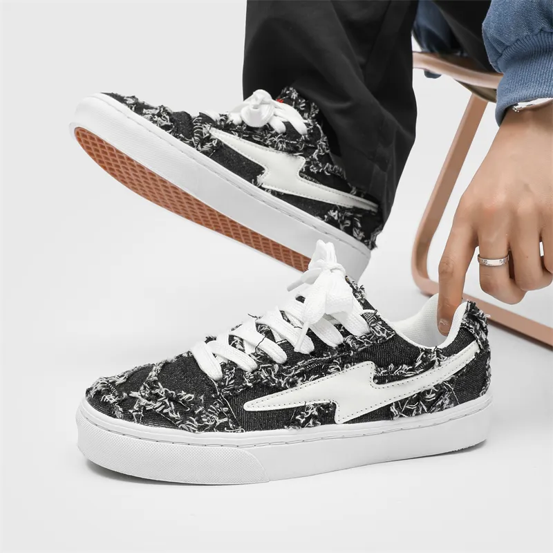 OUBT Lightning Design, Denim Frayed Edge Breathable And Slip Resistant Low Top Skateboard Shoes Unisex-11
