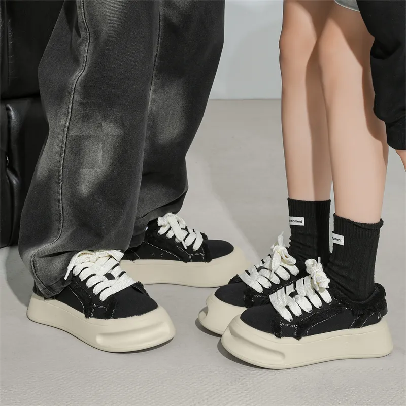KUNGFUDEER Thread Line Collection Slip Resistant Height Increasing Low Top Skateboard Shoes Unisex Black-2