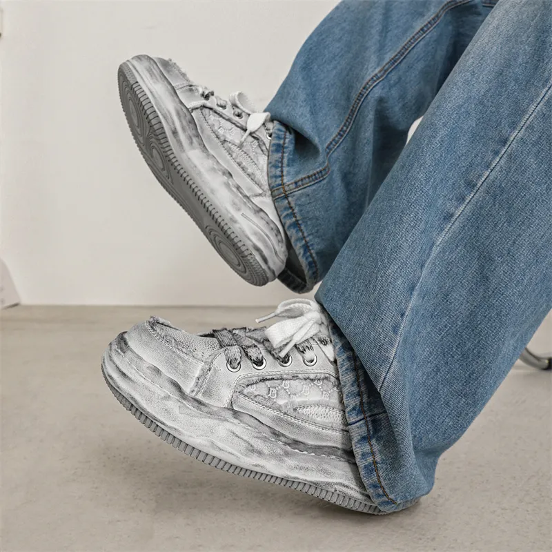 KUNGFUDEER Distressed Aesthetic Anti Slip Wear Resistant Low Top Skateboard Shoes Men's White Gray-2