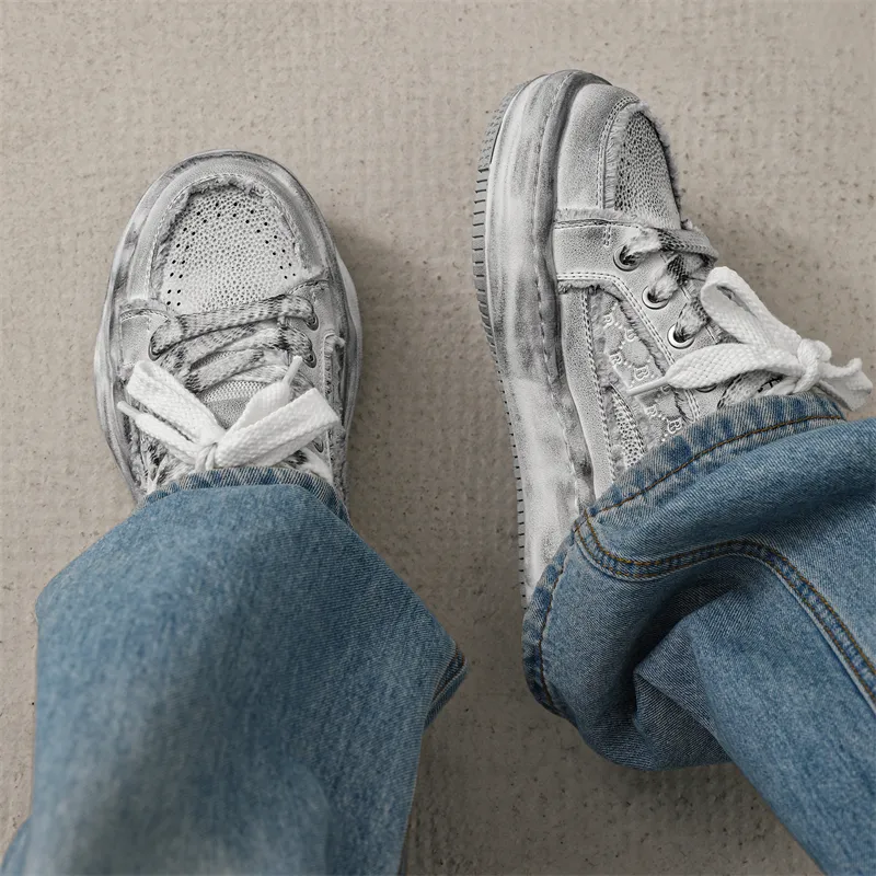 KUNGFUDEER Distressed Aesthetic Anti Slip Wear Resistant Low Top Skateboard Shoes Men's White Gray-1