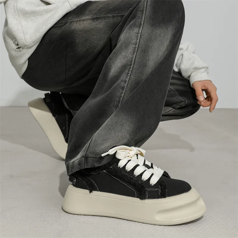 KUNGFUDEER Thread Line Collection Slip Resistant Height Increasing Low Top Skateboard Shoes Unisex Black-4