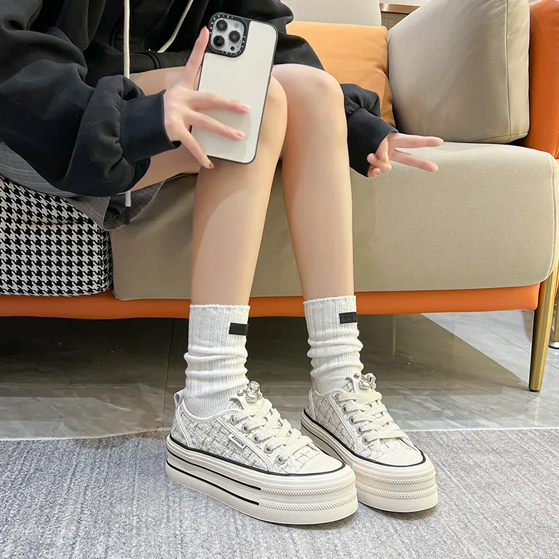 KEJIANNI Chanel-Inspired Anti-Slip And Wear-Resistant Height Increasing Low-Top Canvas Shoes Women's-17