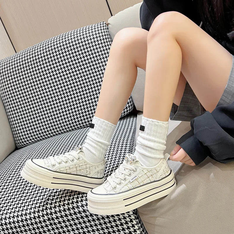KEJIANNI Chanel-Inspired Anti-Slip And Wear-Resistant Height Increasing Low-Top Canvas Shoes Women's-18