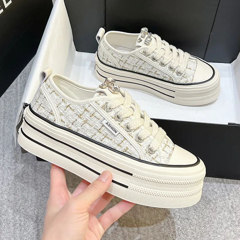 KEJIANNI Chanel-Inspired Anti-Slip And Wear-Resistant Height Increasing Low-Top Canvas Shoes Women's-16