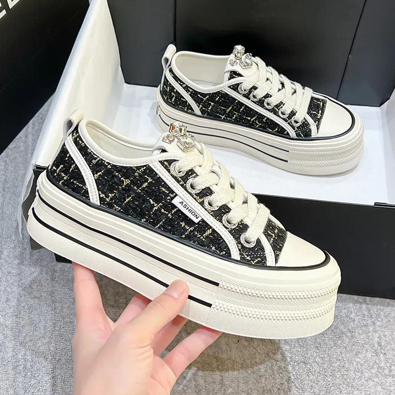 KEJIANNI Chanel-Inspired Anti-Slip And Wear-Resistant Height Increasing Low-Top Canvas Shoes Women's-5