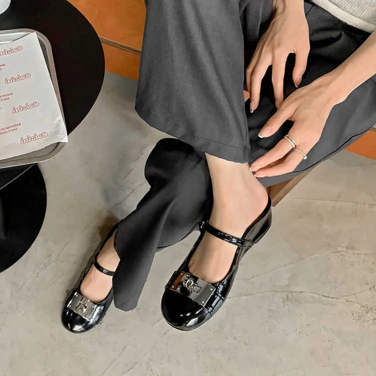 QUICHESHOES Rubber Sole Leather Patchwork Quiet Closed Toe Slippers Women's-2