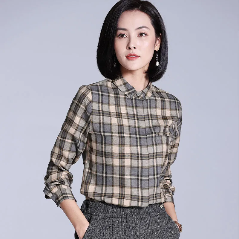 Lucybaily Shirt Women's Gray Coffee Plaid-6