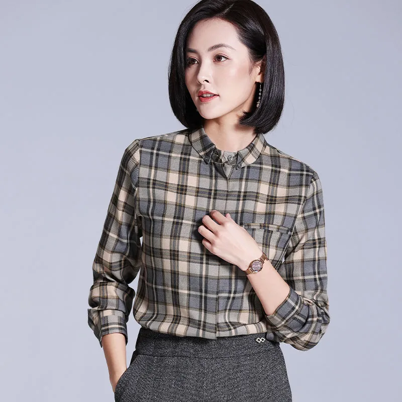 Lucybaily Shirt Women's Gray Coffee Plaid-7
